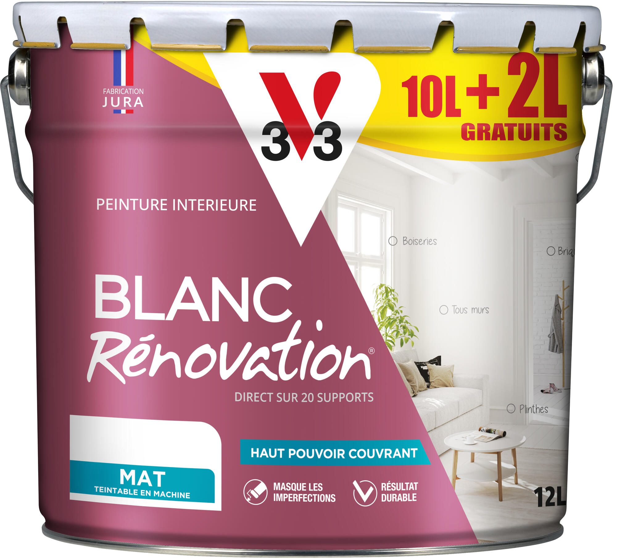 Peinture Rénovation Monocouche Blanc mat 10+2L gratuit - V33